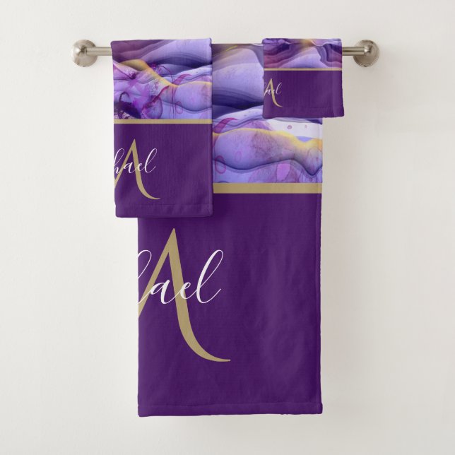 Gold & Purple Marble Agate & Monogram Luxury  Bath Towel Set (Insitu)