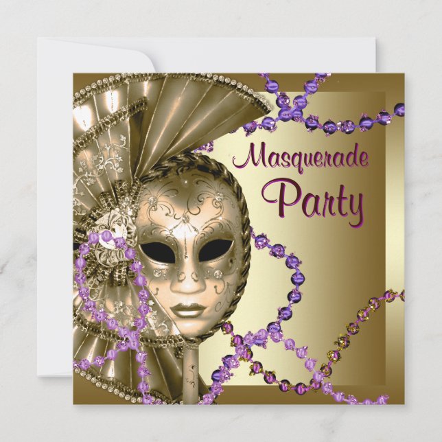 Gold Purple Mardi Gras Beads Masquerade Party Invitation (Front)