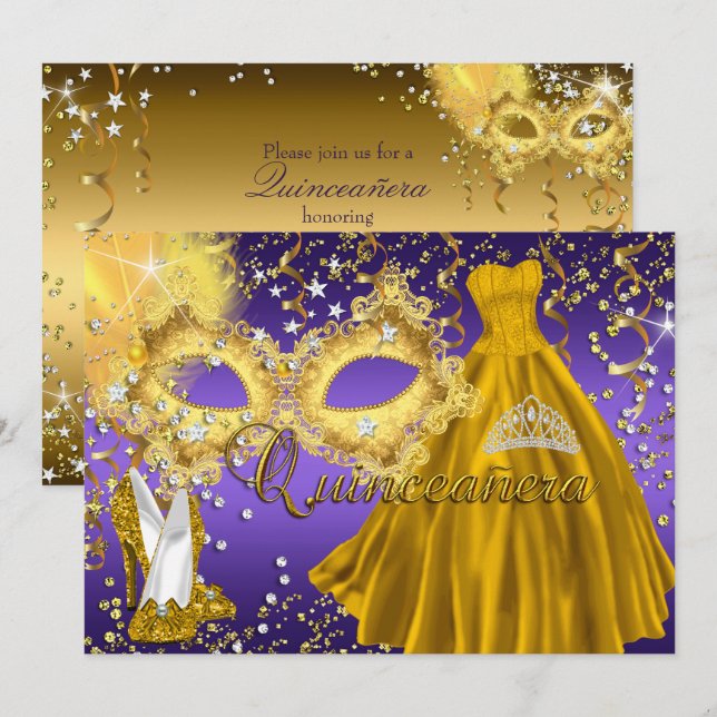 Gold Purple Mask Masquerade Quinceanera Invite (Front/Back)