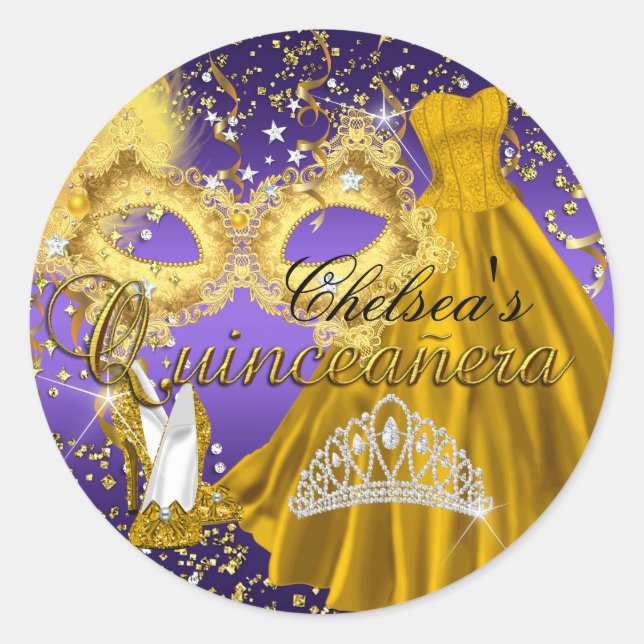 Gold & Purple Mask Masquerade Quinceanera Sticker (Front)