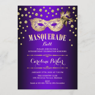 Gold Purple Masquerade Ball Birthday Party Invitation