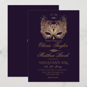 Gold Purple Masquerade Wedding  Invitation