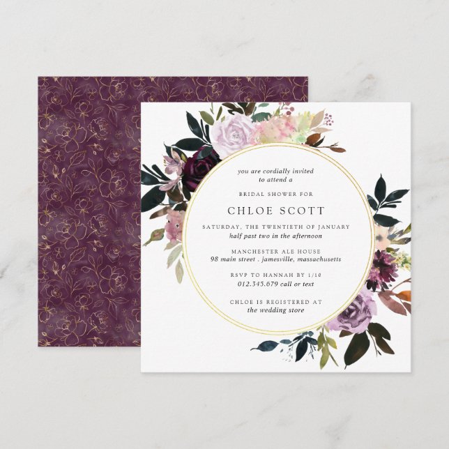 Gold Purple Mauve Pink Floral Bridal Shower Invitation (Front/Back)