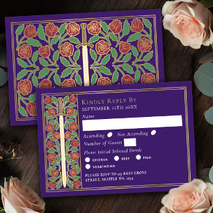 Gold Purple Mediaeval Floral Sword Wedding RSVP Card