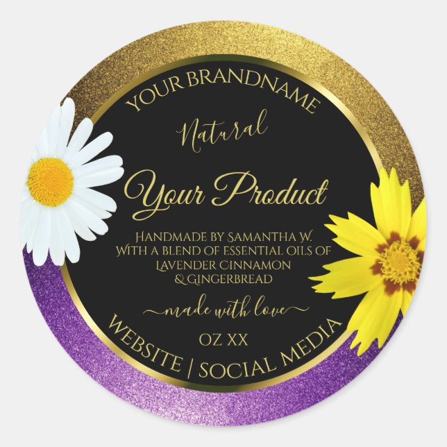 Gold Purple Metallic Glitter Black Product Labels (Front)