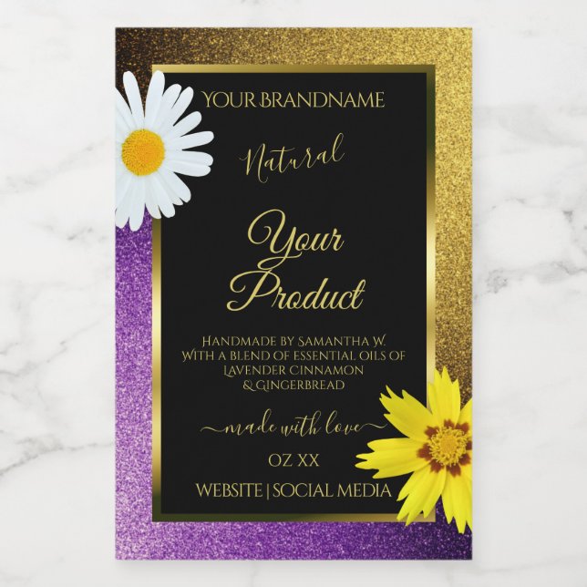 Gold Purple Metallic Glitter Black Product Labels (Single Label)