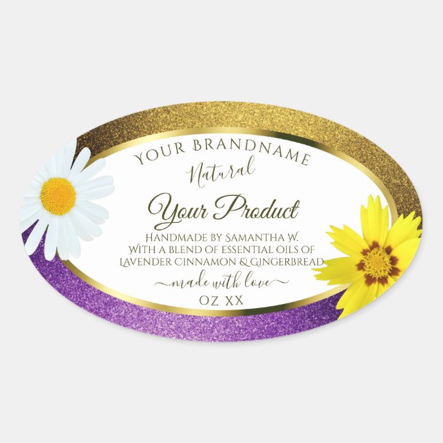 Gold Purple Metallic Glitter White Product Labels (Front)