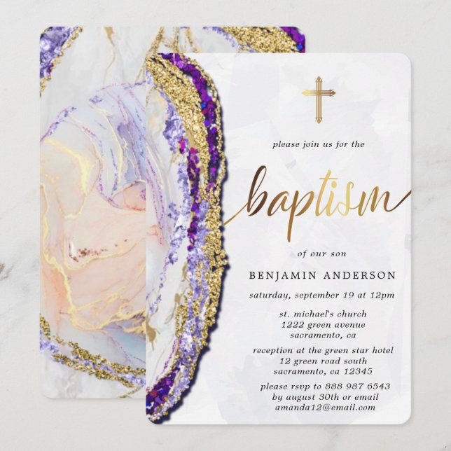 Gold & Purple Mineral Stone Watercolor Baptism Invitation (Front/Back)