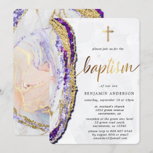 Gold & Purple Mineral Stone Watercolor Baptism Invitation