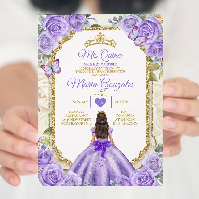 Gold Purple Mis Quince Lavender 15 Anos Crown Invitation (Creator Uploaded)