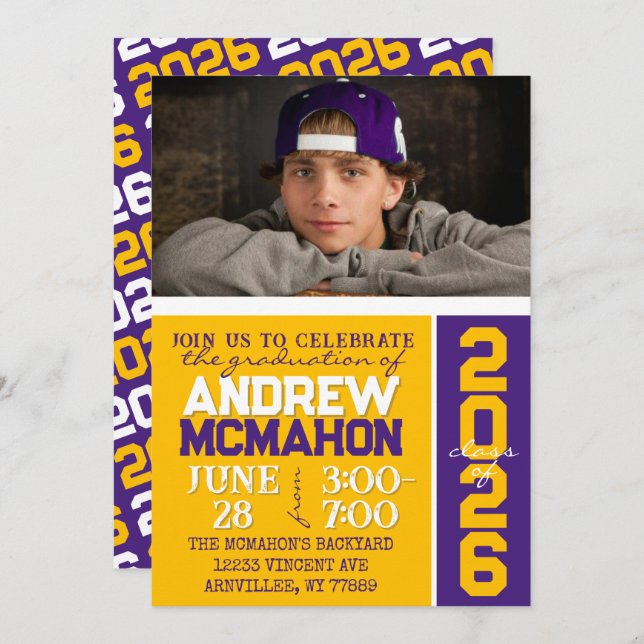 Gold & Purple Modern Graduation Photo Invitation (Front/Back)