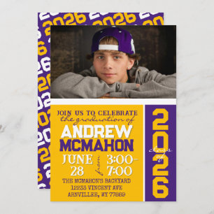 Gold & Purple Modern Graduation Photo Invitation