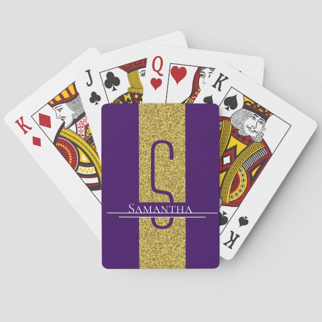 Gold Purple Monogram Glitter Playing Cards (Back)