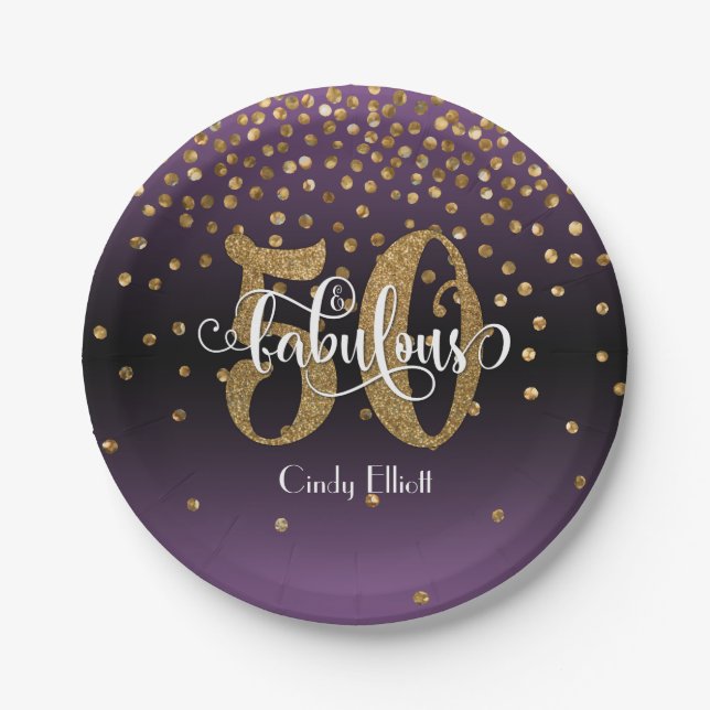 Gold Purple Ombre 50 & Fabulous Birthday Paper Plate (Front)