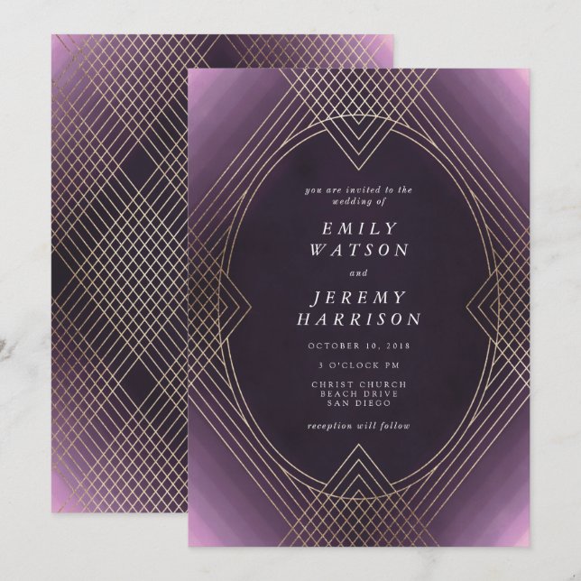 Gold Purple Oval Geometric Art Deco Gatsby Wedding Invitation (Front/Back)