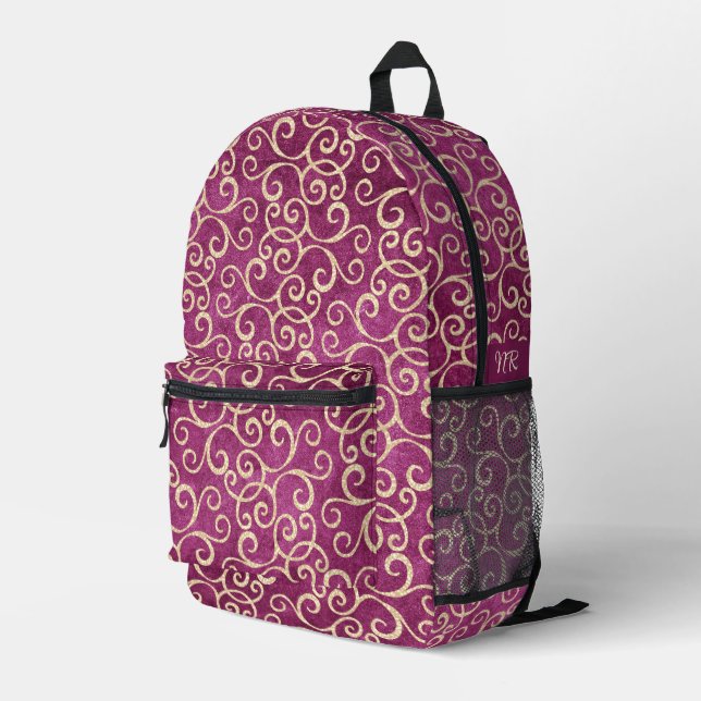Gold & Purple Pink Damask Pattern Cute Monogrammed Printed Backpack (Back Corner Right)