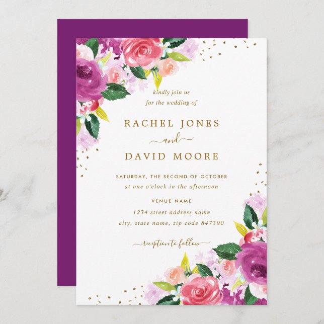 Gold Purple Pink Floral Watercolor Wedding Invite (Front/Back)