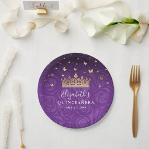 Gold Purple Quinceanera Birthday Party Template Paper Plate