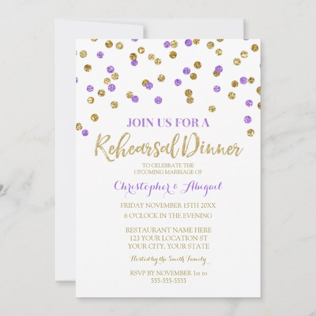 Gold Purple Rehearsal Dinner Party Invitation (Back)