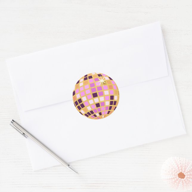 Gold Purple Retro Modern Disco Ball  Classic Round Sticker (Envelope)