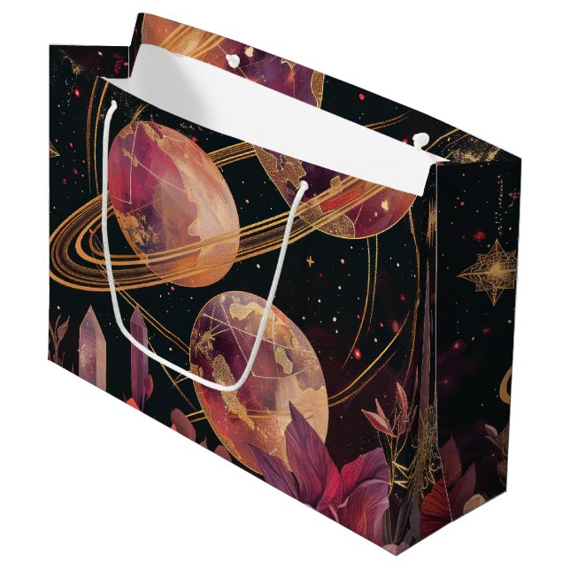 Gold Purple Ringed Planet Celestial Garden Large Gift Bag (Front Angled)