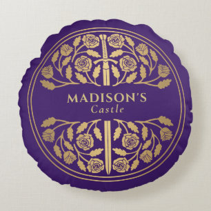Gold Purple Royal Mediaeval Fantasy Sword Name Round Cushion