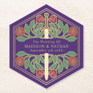 Gold Purple Royal Mediaeval Floral Sword Wedding Paper Coaster