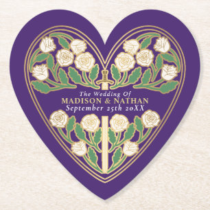 Gold Purple Royal Mediaeval Floral Sword Wedding Paper Coaster
