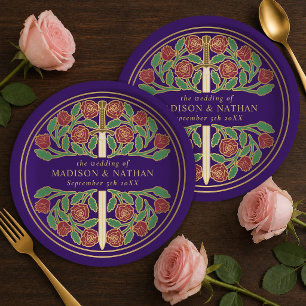 Gold Purple Royal Mediaeval Floral Sword Wedding Paper Plate