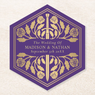 Gold Purple Royal Mediaeval Sword Wedding Paper Coaster