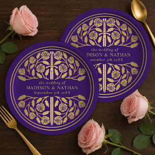 Gold Purple Royal Mediaeval Sword Wedding Paper Plate