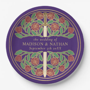 Gold Purple Royal Medieval Floral Sword Wedding  Paper Plate