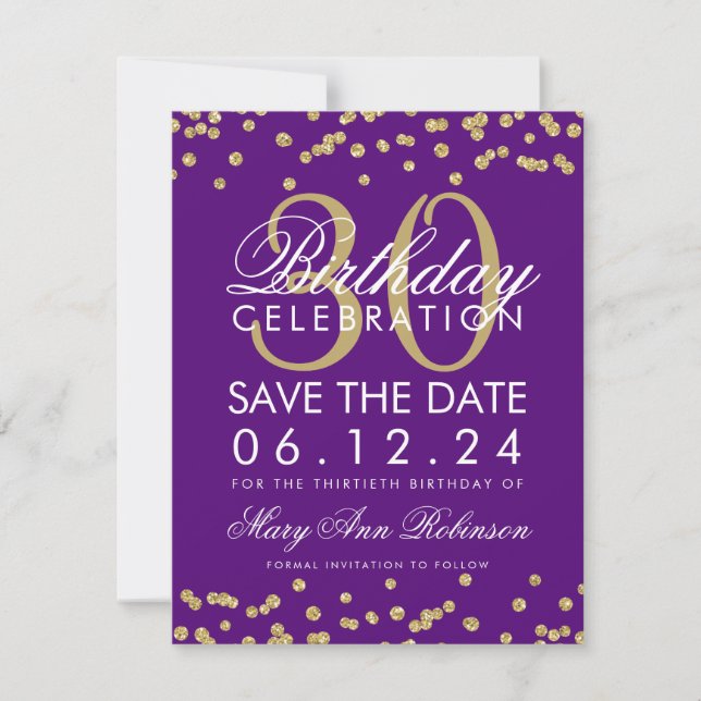 Gold Purple Save Date 30th Birthday Confetti Save The Date (Front)
