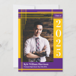Gold Purple School Colour Graduation Photo Plaid Invitation