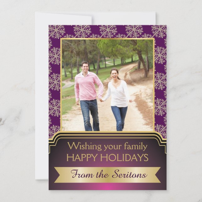 Gold, purple snowflake and frame Christmas Groupon Holiday Card (Front)