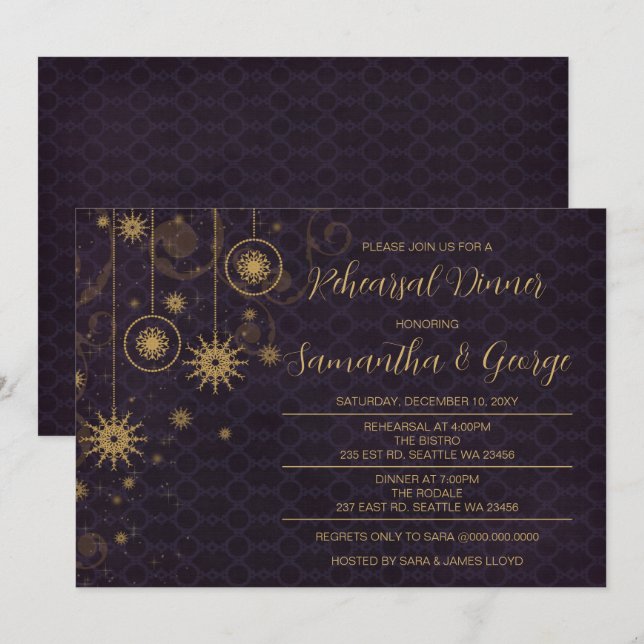 Gold Purple Snowflakes Winter Rehearsal Dinner Invitation (Front/Back)