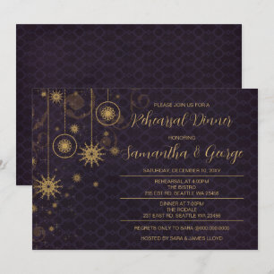 Gold Purple Snowflakes Winter Rehearsal Dinner Invitation