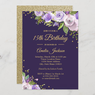 Gold Purple Sparkle Floral 15th Birthday Invite