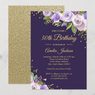 Gold Purple Sparkle Floral 30th Birthday Invite