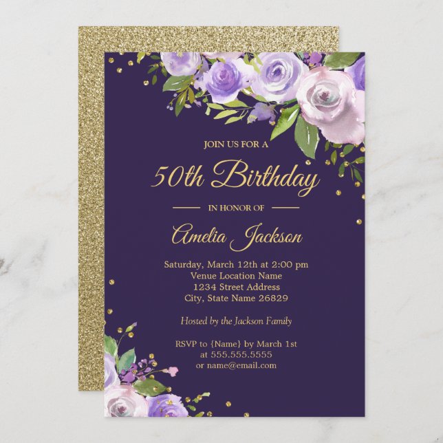 Gold Purple Sparkle Floral 50th Birthday Invite (Front/Back)