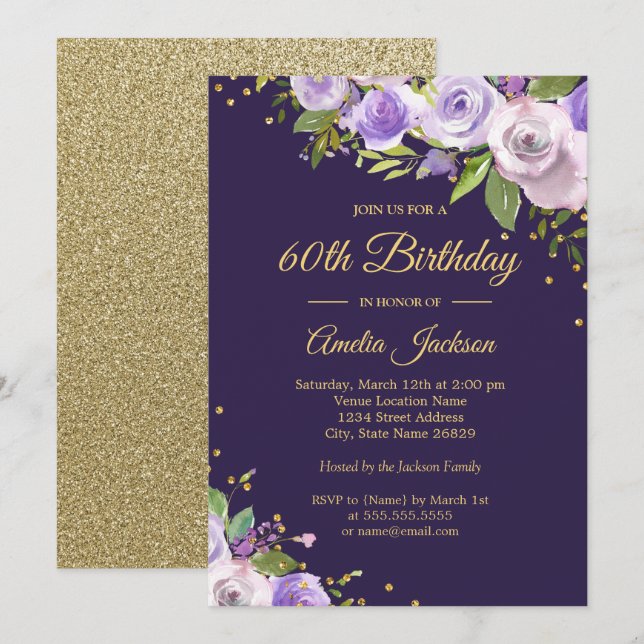Gold Purple Sparkle Floral 60th Birthday Invite (Front/Back)