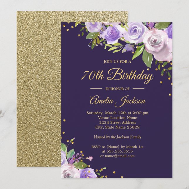 Gold Purple Sparkle Floral 70th Birthday Invite (Front/Back)