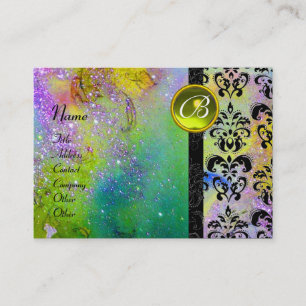 GOLD PURPLE SPARKLING DAMASK MONOGRAM green yellow Business Card