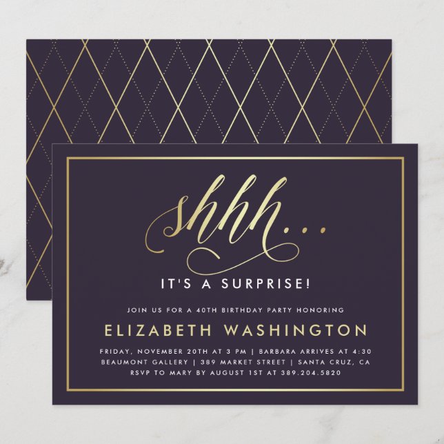 Gold & Purple Surprise Birthday Party Invitation (Front/Back)