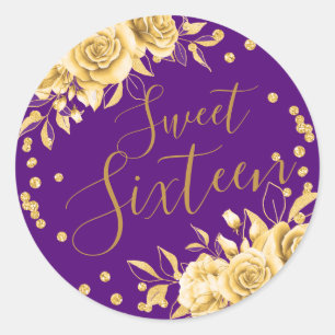 Gold Purple Sweet 16 Birthday Floral Glitter Classic Round Sticker