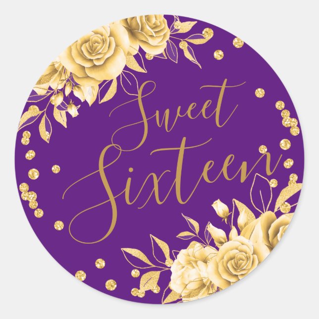 Gold Purple Sweet 16 Birthday Floral Glitter Classic Round Sticker (Front)