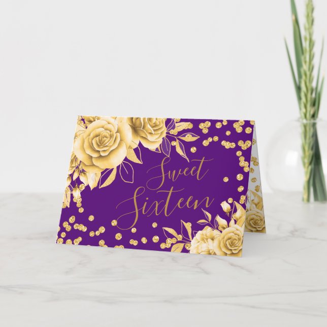 Gold Purple Sweet 16 Glitter Confetti Floral Holiday Card (Front)