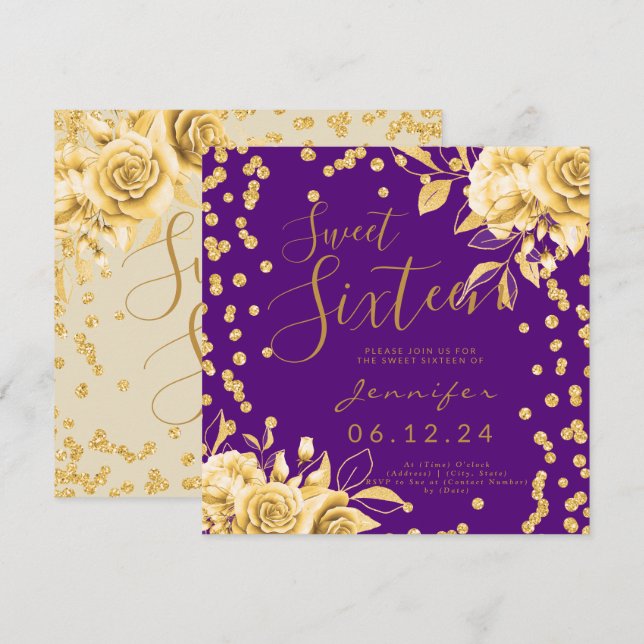 Gold Purple Sweet 16 Glitter Confetti Floral Invitation (Front/Back)