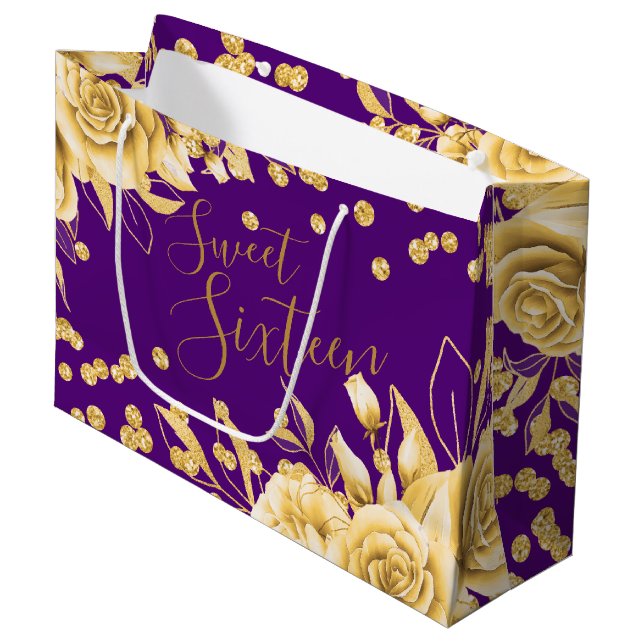 Gold Purple Sweet 16 Glitter Confetti Floral Large Gift Bag (Front Angled)