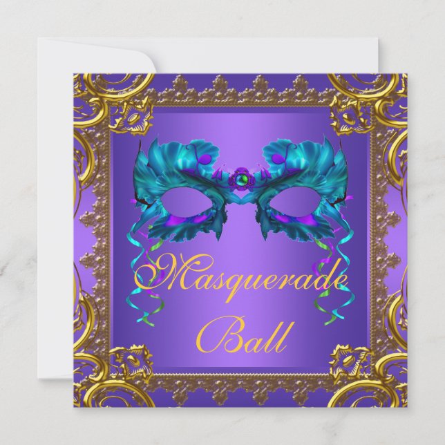 Gold Purple Teal Blue Mask Masquerade Ball Invitation (Front)
